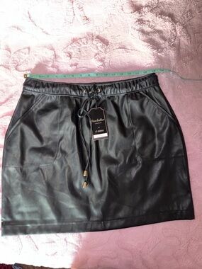 Collection B Black Faux Leather Midi Skirt with Drawstring and Patch Pockets